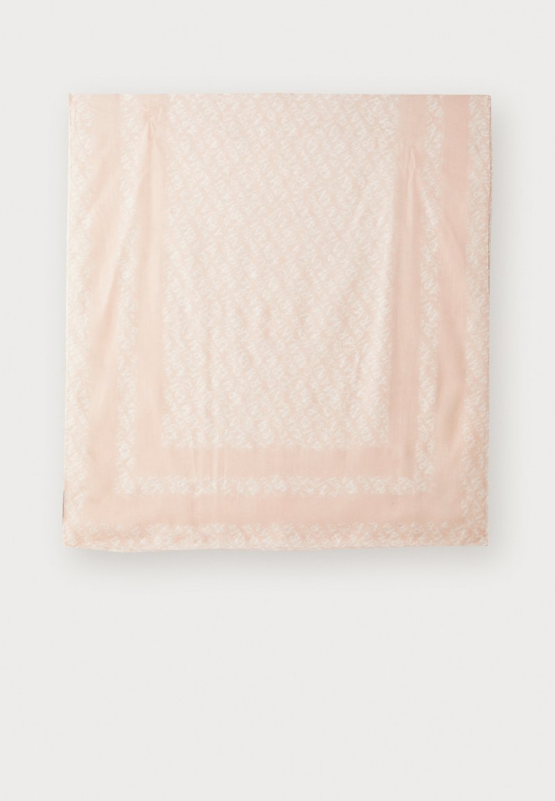 Light pink silk scarf with a floral pattern, featuring a smooth texture and a subtle sheen, bordered with a slightly darker pink edge.