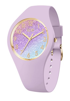 Fliederfarbene Silikonuhr mit rundem glitzerndem rosa, lila und blauem Zifferblatt, goldenen Stundenmarkierungen und goldenen Zeigern, die 10:10:35 anzeigen.