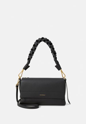 Black leather handbag with a textured finish, featuring a woven top handle, gold hardware, and a detachable shoulder strap.