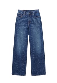 Jean denim bleu à jambes larges, taille haute et petit motif à pois blancs sur tout le tissu.