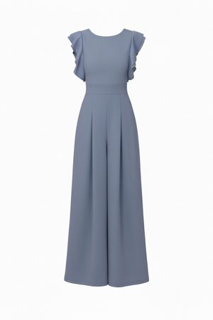 Combinaison sans manches bleu poussiéreux avec jambes larges et détails volantés aux épaules, dotée d'une taille cintrée et d'un col rond.