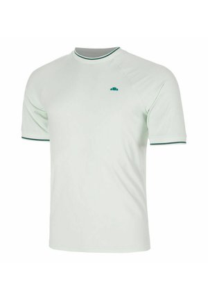 Weißes T-Shirt mit kurzen Ärmeln und grünem Besatz an Kragen und Ärmelrändern, mit kleinem grünem Logo auf der linken Brust.