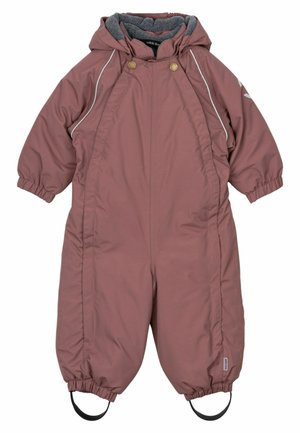 Wasserabweisender pinker Schneeanzug mit Kapuze, elastischen Bündchen und innerem Futter. Ausgestattet mit zwei Knöpfen und Fußriemen für einen sicheren Sitz.