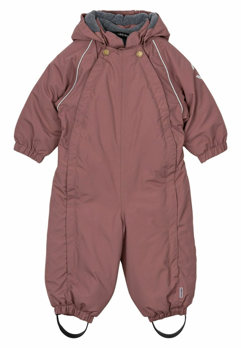 Waterdichte roze sneeuwoverall met een capuchon, elastische manchetten en een binnenvoering. Voorzien van twee knopen en voetstraps voor een veilige pasvorm.