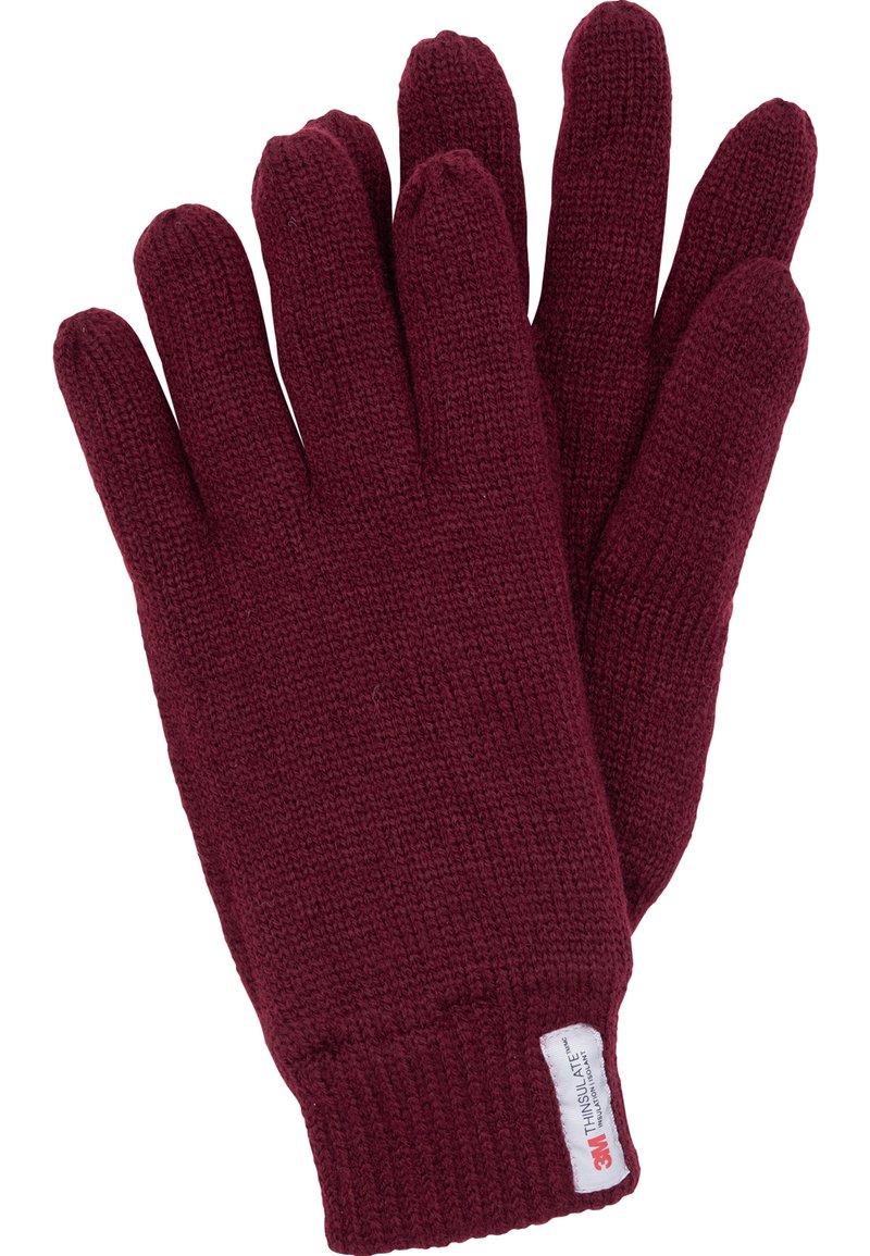 Burgunderfarbene gestrickte Handschuhe mit einem gerippten Bündchen und Etikett. Strukturierter Stoff mit fünf Finger Design, der Wärme und Schutz für die Hände bietet.