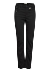 Pantalones de mezclilla negros de corte ajustado, con bolsillos frontales, un zipper decorativo y un acento en forma de anillo dorado en la cintura.