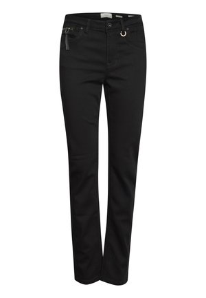 Musta joustavista puuvillafarkuista valmistetut farkut, joissa on kapea istuvuus, viisi taskua, vetoketjullinen haarakiinnitys ja koristeellinen rengasvyönkoriste.