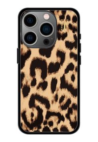 Telefoonkoffer met luipaardprint, met een zwarte rand en een ontwerp met gedurfde, kronkelige zwarte vlekken op een beige achtergrond.