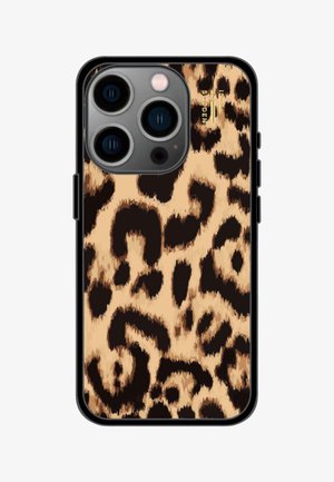 Handyhülle im Leopardenmuster mit einem schwarzen Rand und einem Design, das kräftige, wirbelnde schwarze Flecken auf einem beigen Hintergrund zeigt.