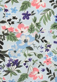 Floral cotton fabric with a light blue background, featuring a variety of colorful flowers in pink, blue, purple, and green with detailed leaves.
