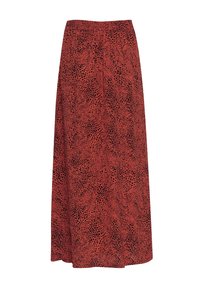 Jupe maxi rouge avec motif animal abstrait noir, taille élastique et tissu fluide.