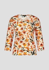 Bloemenprint top met 3/4 mouwen en ronde halslijn, in tinten van oranje, zwart en crème, gemaakt van een lichtgewicht stof.