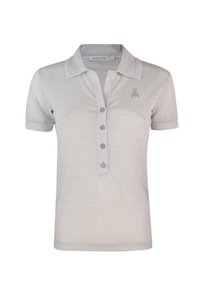 Polo shirt grigio chiaro con maniche corte, colletto, cinque bottoni e un piccolo logo sul petto. Tessuto morbido con una leggera lucentezza.
