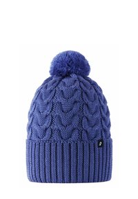 Blue knitted winter hat with cable pattern, ribbed cuff, and pom-pom on top against a white background.