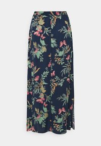 Floral maxi skirt in navy fabric featuring vibrant pink butterflies and green leaves. Designed with an elastic waistband and side slits.