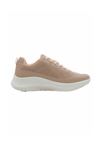 Leichter Sportschuh in Beige und Pink, mit atmungsaktivem Obermaterial und strukturierten Mustern sowie einer weißen Gummisohle mit Profilrillen.