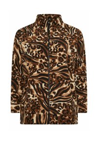 Fleecetröja med hög krage, med ett djurmönster i brunt och beige, dragkedjestängning och sidofickor. Mjuk textur.