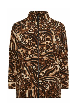 Veste en polaire avec un col haut, ornée d'un motif animal brun et beige, fermeture éclair et poches latérales. Texture douce.