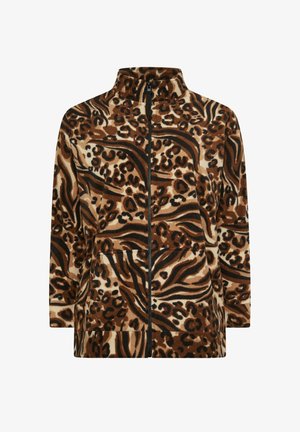 Giacca in pile con collo alto, caratterizzata da un design a stampa animale marrone e beige, chiusura con zip e tasche laterali. Tessuto morbido.