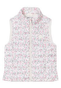 Gilet senza maniche con stampa floreale, base bianca con fiori rosa e blu, chiusura con zip, alto colletto, tessuto trapuntato leggero, dettaglio del logo.