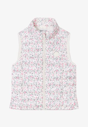 Mouwloos vest met bloemenprint, witte basis met roze en blauwe bloemen, ritssluiting, hoge kraag, lichtgewicht gequilt stof, logo-detail.