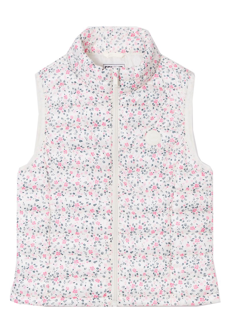 Gilet senza maniche con stampa floreale, base bianca con fiori rosa e blu, chiusura con zip, alto colletto, tessuto trapuntato leggero, dettaglio del logo.