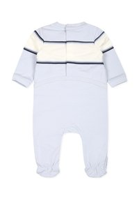 Body bébé à manches longues bleu clair avec des accents rayés blancs et navy, comportant une fermeture à pression dans le dos et des poignets froncés.