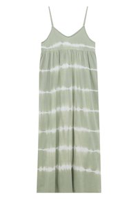 Robe maxi tie-dye vert clair avec fines bretelles, encolure en V et taille froncée. Le tissu est doux et léger avec une silhouette fluide.