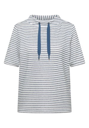 Sweat à capuche à manches courtes blanc à rayures bleues avec cordons de serrage bleu foncé et coupe décontractée.