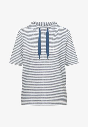 Wit met blauw gestreepte hoodie met korte mouwen, donkerblauwe trekkoorden en een losse pasvorm.