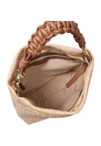 Sac à main en paille tissée avec une anse en cuir tressé marron, doté d'un intérieur beige, d'une fermeture éclair et de poches intérieures pour l'organisation.