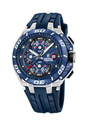 Reloj de pulsera Festina Chrono Bike azul con correa de goma, tres subesferas para horas, minutos, segundos, bisel giratorio y pantalla de fecha que muestra el 20.