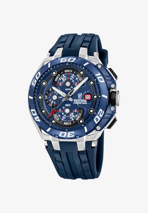 Reloj de pulsera Festina Chrono Bike azul con correa de goma, tres subesferas para horas, minutos, segundos, bisel giratorio y pantalla de fecha que muestra el 20.