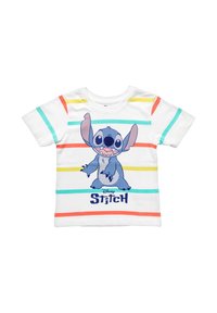 White short-sleeve t-shirt with colorful horizontal stripes and a graphic of Stitch. Features blue character with large ears and smiling face.
