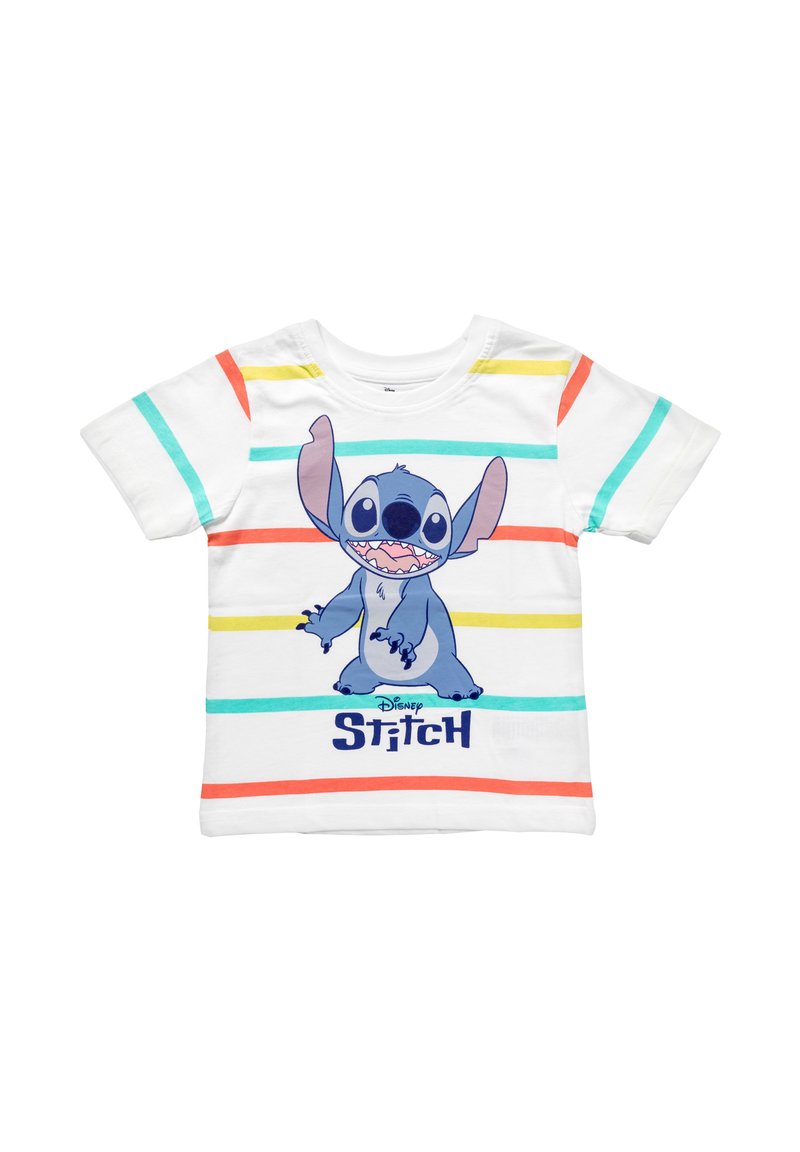 White short-sleeve t-shirt with colorful horizontal stripes and a graphic of Stitch. Features blue character with large ears and smiling face.
