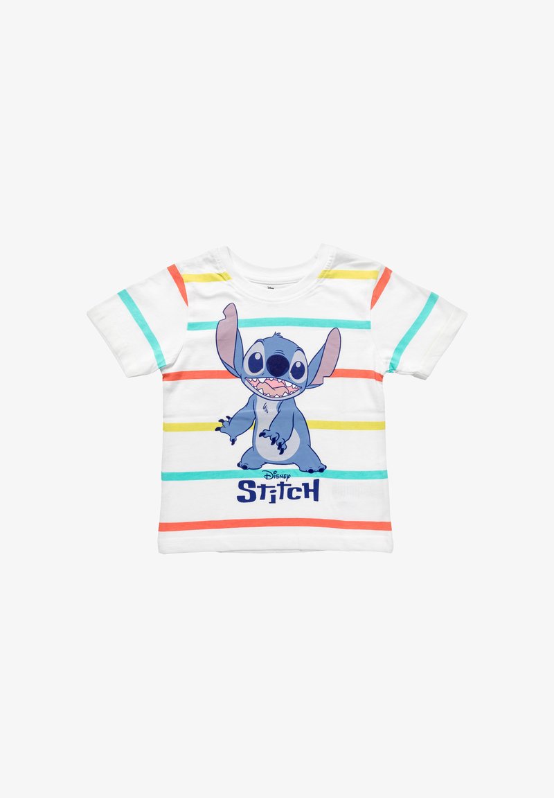 T-shirt blanc à manches courtes avec des rayures horizontales colorées et un graphique de Stitch. Présente un personnage bleu avec de grandes oreilles et un visage souriant.