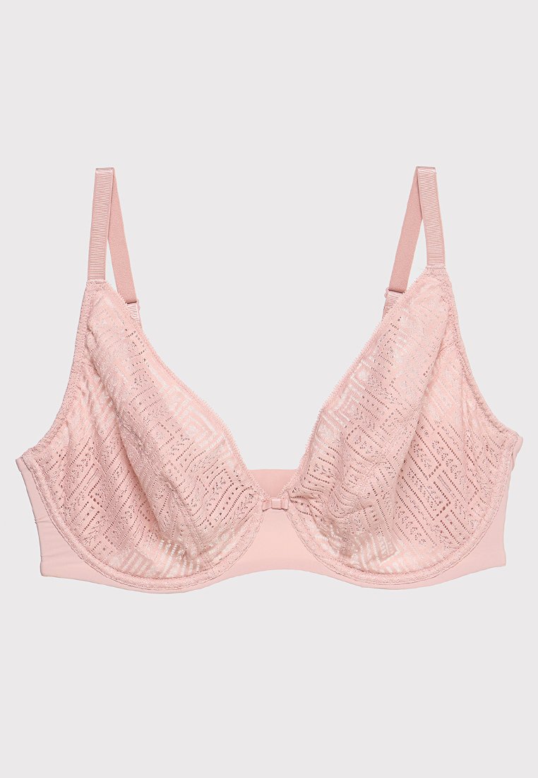 Jasnoróżowy biustonosz z koronkowymi miseczkami z geometrycznym wzorem, miękkim pasem dolnym i regulowanymi ramiączkami. Z przodu znajduje się zapięcie na klamerkę.