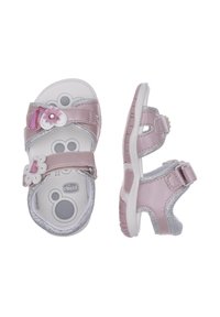 Sandales pour enfants roses avec des accents floraux, dessus en synthétique texturé, sangles ajustables et semelle légère. Détails scintillants en argent inclus.