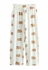Weiße Schlafanzughose mit einem gemusterten Design aus braunen und beige Igeln, ausgestattet mit einem elastischen Taillenbund und einem Kordelzug, aus leichtem Stoff gefertigt.