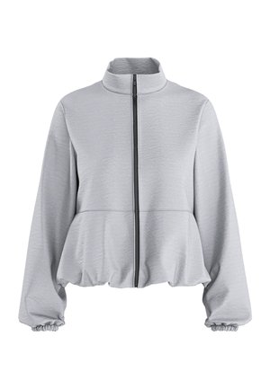 Veste gris clair zippée avec col montant, manches longues bouffantes avec poignets élastiques, et ourlet froncé à la taille.