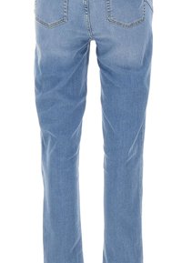 Jeans in denim azzurro chiaro con taglio dritto, cinque tasche e una leggera sbiaditura sulle cosce. Cuciture visibili lungo le cuciture e le tasche.