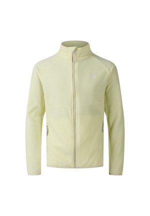 Hellgelbe Langarm-Reißverschlussjacke mit strukturiertem Muster und hohem Kragen, mit zwei seitlichen Reißverschlusstaschen.