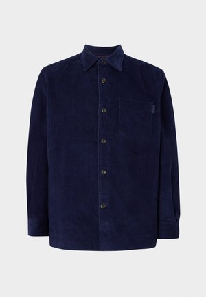 Camicia di velluto a coste blu navy con chiusura frontale a bottoni, colletto a punta, maniche lunghe e una tasca sul petto. Tessuto testurizzato con costine verticali.