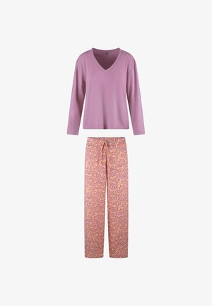 Top a manica lunga a V in lilla con pantaloni del pigiama a fantasia morbida, in stampa leopardata rosa e arancione, dal taglio ampio. Texture del tessuto morbida.