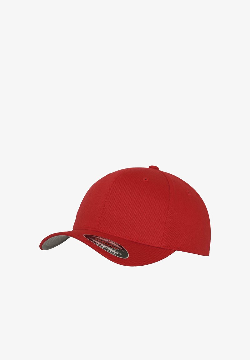 Red baseball cap with a structured design, featuring a curved brim and a gray underside. Made of fabric with smooth texture.