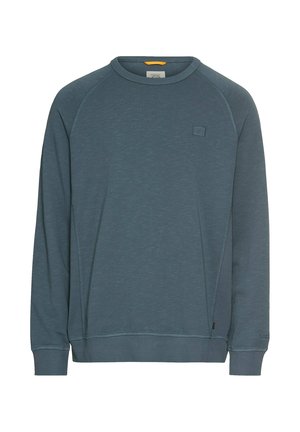 Dunkelblaues langärmliges Sweatshirt mit Rundhalsausschnitt, Raglanärmeln, subtiler Textur und einem kleinen Logodetail auf der Brust.