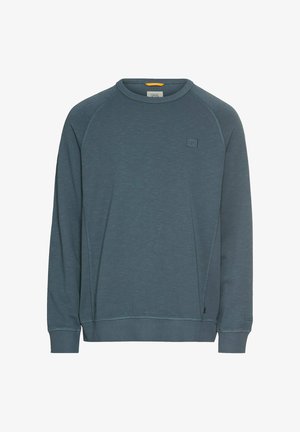 Donkerblauwe sweatshirt met lange mouwen, ronde halslijn, raglanmouwen, subtiele textuur en een klein logo detail op de borst.