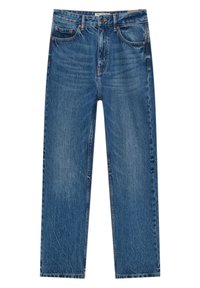 Jean en denim bleu à taille haute et coupe droite, avec cinq poches et rivets en cuivre, présenté à plat sur un fond blanc.