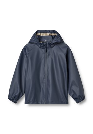 Chaqueta impermeable azul marino con capucha, cremallera frontal, botones a presión en el cuello y puños elásticos, mostrada sobre fondo blanco.