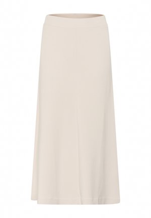 Lichtbeige midi-rok gemaakt van zachte stof met een gladde textuur, met een elastische tailleband en een vloeiende ontwerp. Geen patronen of hardware.